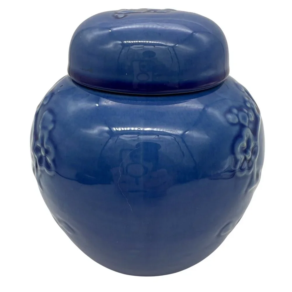 Metlox Blue Cherry Blossom Ginger Jar w/ Lid Floral Embossed California Pottery